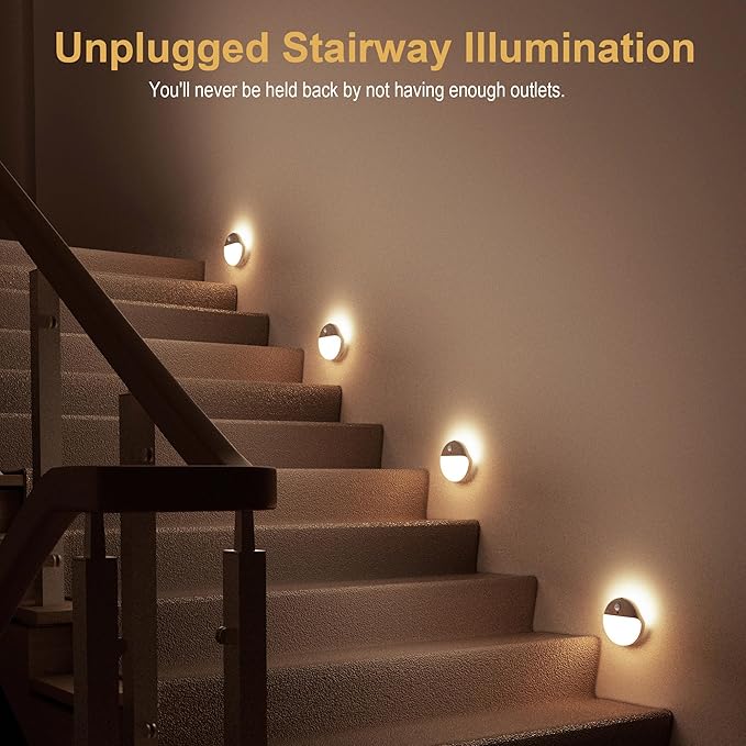 4 Pack Stair Lights Indoor, 2.6" Small Stick on Lights, Dimmable Motion Sensor Night Light, 3 Light Modes, Portable Battery Night Light for Corners, Cabinet, Toilet, Bedroom, Kids, Warm White