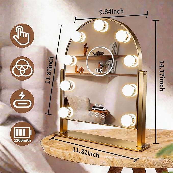 Arched Makeup Vanity Mirror with Lights 14.17"x 11.81" LED Makeup Mirror Detachable 10X Magnification, Hollywood Make Up Mirror with Lighting, Smart Touch, Rechargeable,360° Rotation, (Gold)