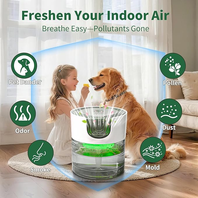 Aozale Water Air Purifier for Home, Water-Based Air Cleaner & Humidifier, Aroma Diffuser, Removes Pet Odors & Smoke, White Noise, 7-Color LED Light