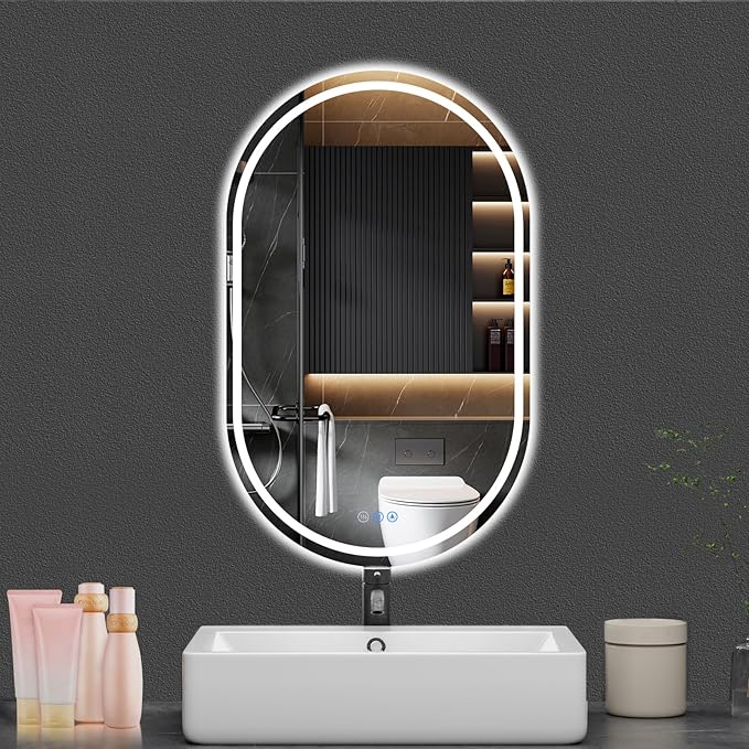Oval LED Bathroom Mirror, 22"x 36" Frameless LED Mirror with Front Light and Backlit, Anti-Fog, Dimmable Modern Wall Mounted Lighted Mirror，Pill-Shaped Smart Mirror Bathroom