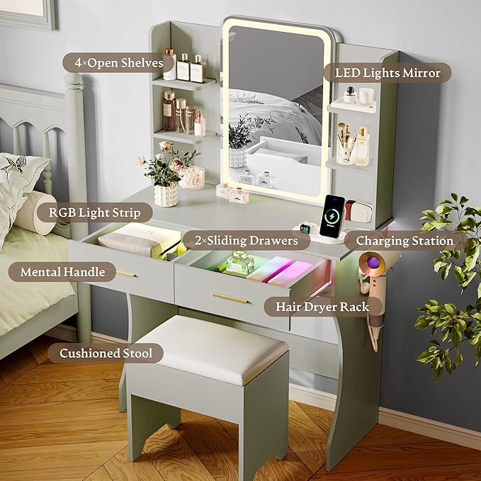 Makeup Vanity Desk with Mirror & Lights, Small Vanity Table Set for Girls with Chair & Power Outlet, Modern Dressing Table with 2 Drawers & 4 Storage Shelves, Adjustable RGB Lighting - Green