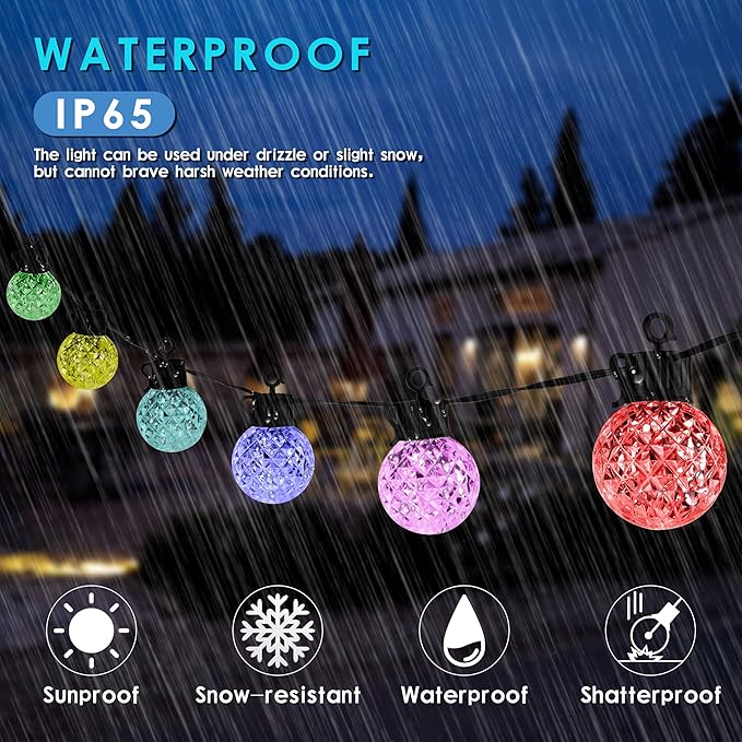 Solar Led Smart String Lights, 25 LED RGBW Bulbs Color Changing Patio String Light App Control IP65 Waterproof 8 Scene Modes 4 Music Modes, Bluetooth 15ft Globe Lights for Backyard Porch Party Decor