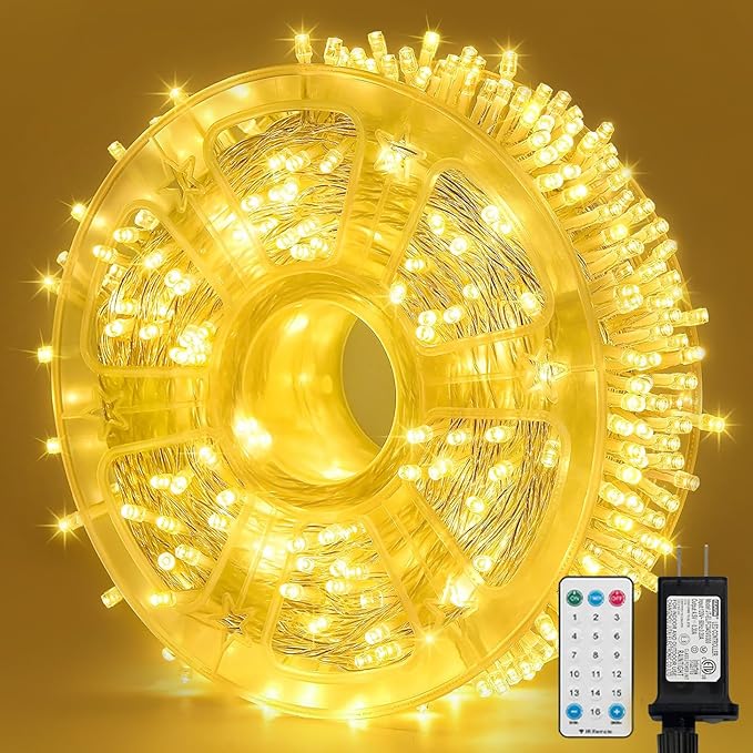 LAMPHOME 165ft Christmas Decorative Mini Lights, 500 LED Transparent Wire Fairy Starry String Lights Plug in, 16Lighting Modes for Indoor Outdoor Xmas Tree Wedding Party Decoration (Warm White)