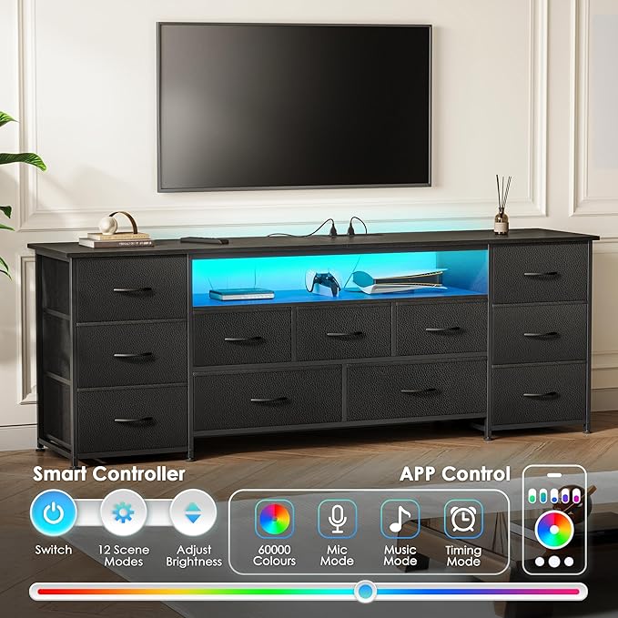 Huuger Large TV Stand for 65, 70 Inch TV, 11 Drawer Long Dresser with Power Outlets and LED Lights, Entertainment Center with Storage, Black Dresser with PU Leather Surface, 13" D x 63" W x 26.8" H