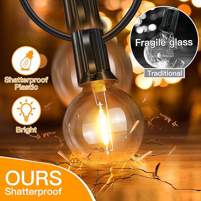 Ollny 19FT Outdoor String Lights, Waterproof Connectable Shatterproof Outside Light with 13 Edison + 1 Spare LED Bulbs Plug in, Patio Lights for Indoor Balcony Porch Camping Deck