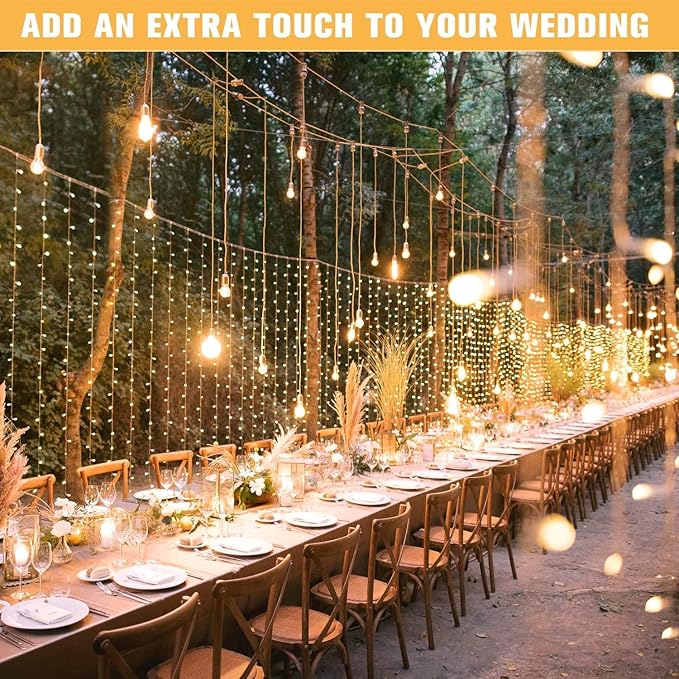 JMEXSUSS 300 LED Remote Control Curtain Lights, Plug in Fairy Curtain Lights Outdoor, Window Wall Hanging String Lights for Bedroom Indoor Dorm Backdrop Wedding Party Patio Christmas Decor, Warm White