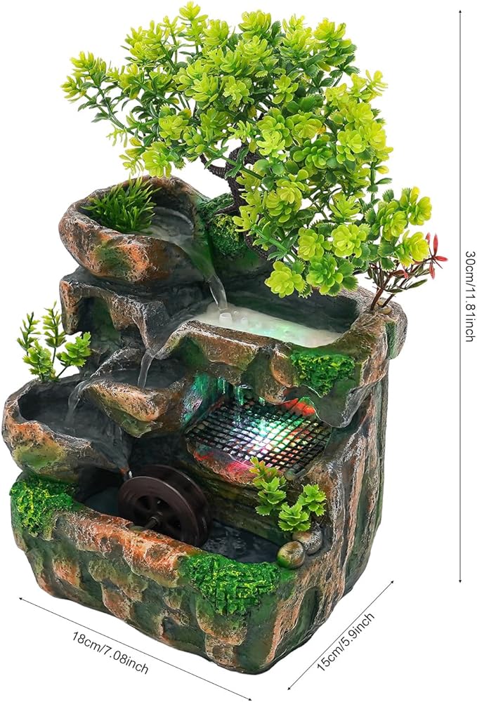 Desk Waterfall Fountain, Water Fountains Indoor Bonsai Desktop Ornament with LED Light, Zen Meditation for Home Office Bedroom Atomizing Humidifier Desk Decoration