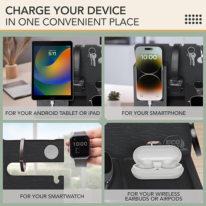 Nightstand Organizer- Bedside Docking Station for Men- Unique Gifts for Husband, Father or Dad from Wife, Son or Daughter- Desk Organizer for Phone, Watches, Wallet & Accessories (Black)