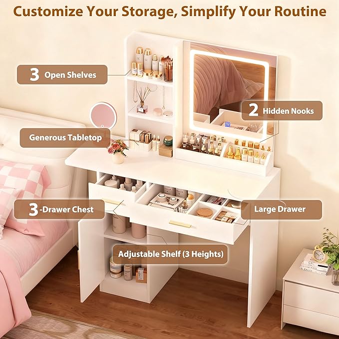 Vanity Desk with Mirror and Lights & Extral Foldable Desk, 31.5" & 39.3" Makeup Vanity Table with 5 Drawers and 3 Open Shelves, Dressing Table for Bedroom, White (White 11)