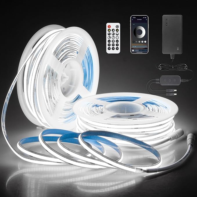 Dimmable COB Led Strip Lights for Bedroom with Dam-Process 24V 6500K 100FT 480LED/M Super Bright White Bluetooth Flexible COB LED Tape Lights with Remote Cold White for Cabinet Home Lighting 30M/2roll