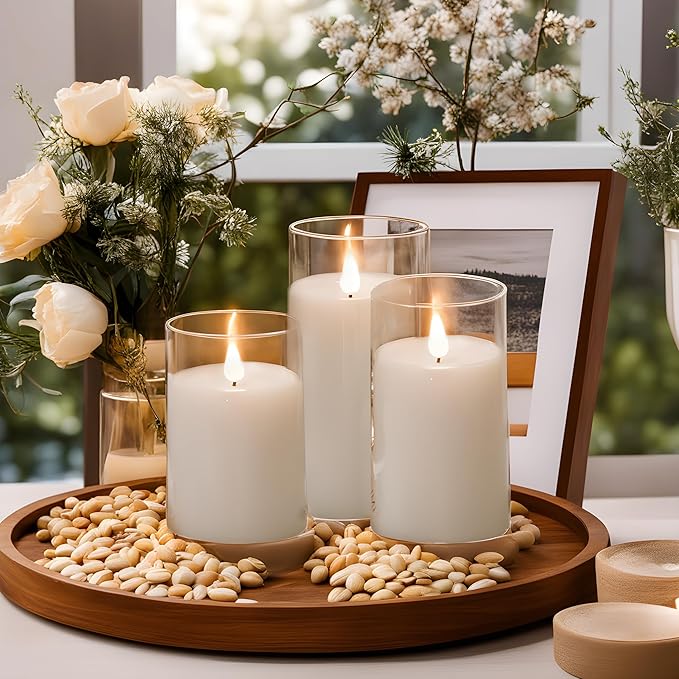 NICEME Flickering Flameless Candles with Remote Control Timer Unbreakable Acrylic Battery Operated LED Candles with Flickering Flame 3D Wick for Romantic Ambience Home Decor Set of 3, D3” xH4” 5” 6”