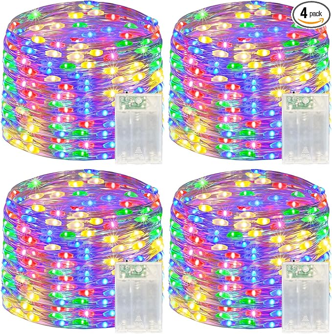 4 Pack 240LED Christmas Multicolor Fairy Lights Battery Operated - 20FT Twinkle Lights with 2 Lighting Modes Indoor Outdoor, Waterproof Led Fairy String Light for Bedroom, Dorm, DIY, Christmas Decor