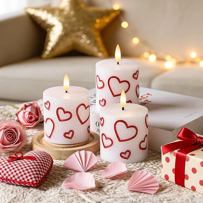 Valentine Day Flameless Pillar Candles with Remote, Real Wax Battery Operated Candles, 3 Pack Flickering LED Heart Candle for Proposal Wedding Anniversary Romantic Night