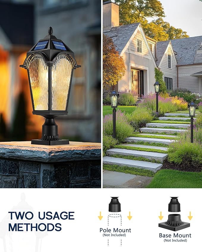 FEMILA Outdoor Post Lights Solar Powered, 22" Dusk to Dawn Aluminum Glass Solar Post Light Fixtures for Yard Pathway Entrance, 4FYX90PM-SL BK