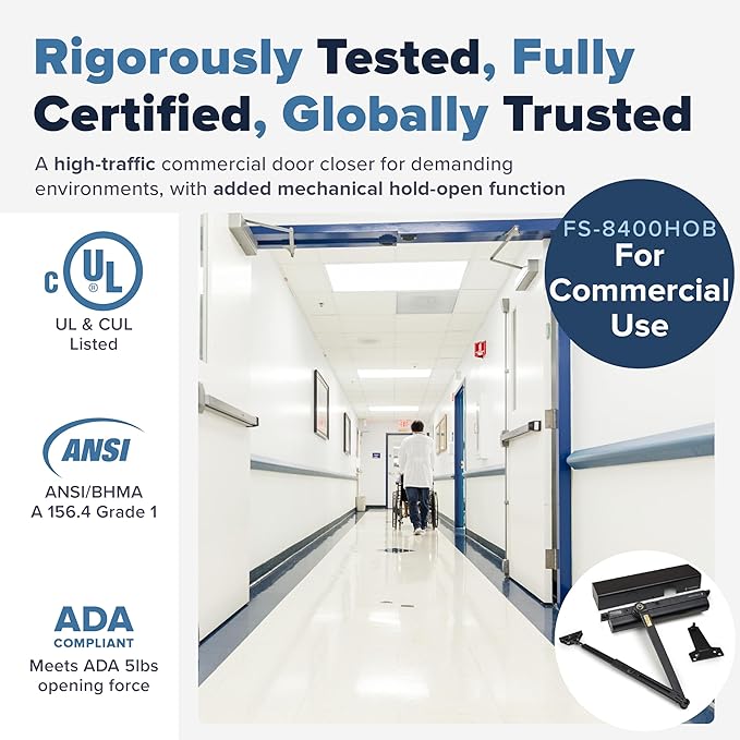 FORTSTRONG Commercial Door Closer - FS-8400 HOB - Heavy Duty Adjustable Grade 1 Standard Automatic Door Closing Hinge - ADA Compliant - Hold Open Function-Black Finish