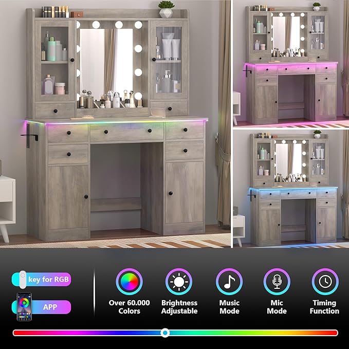 Vanity Desk with Mirror and Lights, 43" Grey Makeup Vanity Set with 5 Drawers & Glass Cabinets, Makeup Tray, Power Outlet & Adjustable LED Lights, Dressing Table for Women & Girls Bedroom