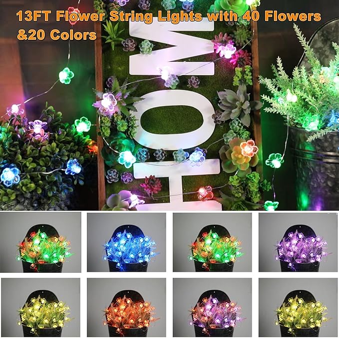 Vigdur Cherry Blossom Lights, 13 FT 40 LEDs Multicolor Flower String Lights Battery Operated with Remote&Timer, 20 Lighting Modes Pink Flower String Lights for Bedroom Party Wedding Décor