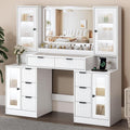 55" Vanity Desk with Mirror & Lights, Fluted Makeup Vanity with 8 Drawers & 4 Cabinets, Tempered Glass Top, RGB Cabinet Lighting, 3-Color Dimmable Mirror, and Charging Station