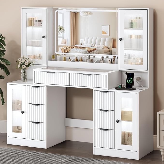 55" Vanity Desk with Mirror & Lights, Fluted Makeup Vanity with 8 Drawers & 4 Cabinets, Tempered Glass Top, RGB Cabinet Lighting, 3-Color Dimmable Mirror, and Charging Station