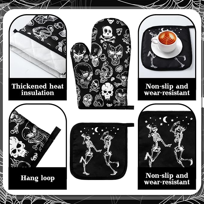 Fourluoo 16 Pcs Halloween Kitchen Decor and Accessories Set Black Skeleton Kitchen Towels and Dishcloths Non Slip Rugs Mats Oven Mitts and Pot Holders Scary Curtains Set for Home Decoration Gift