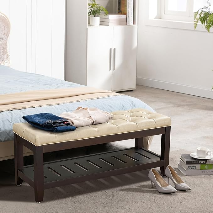 LOULENS 44'' PU Leather Tufted Storage Ottoman, Modern Upholstered End of Bed Bench, Comfortable Entryway Bench with Wood Legs, Accent Footrest for Living Room, Ivory