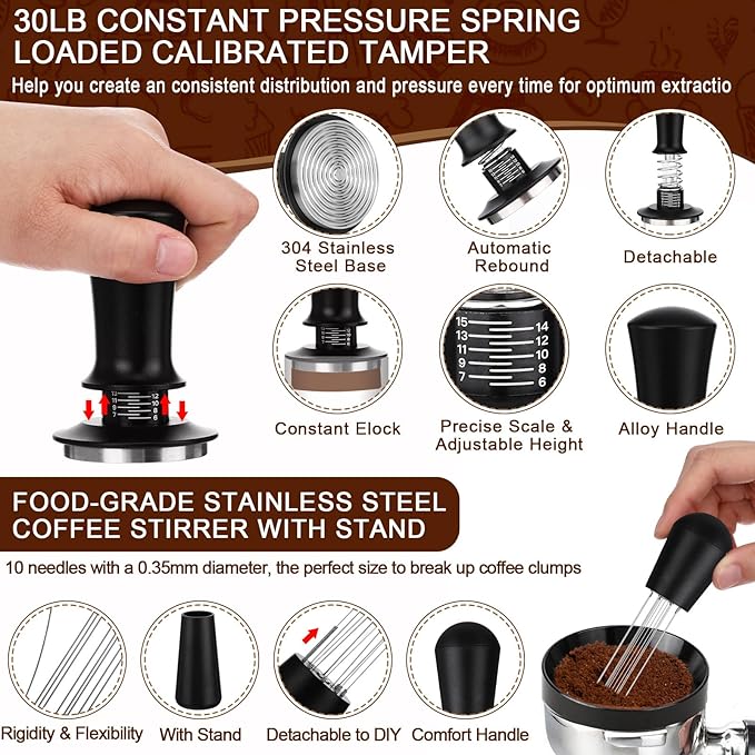 7pcs Espresso Accessories Kit 51/58/53mm Tamping Station Machine Accessories Spring Loaded Calibrated Tamper Wdt Espresso Tool and Dosing Funnel Set Distributor and Tamper Leveler(58mm)