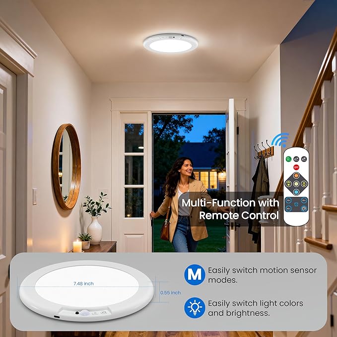 KINDEEP Rechargeable Motion Sensor Ceiling Light with Remote: Battery Operated Ceiling Light Wireless Indoor for Closets Shower, Closet, Stairs, Hallway, Pantry, 3 Color Temperatures Dimmable, 1Pack