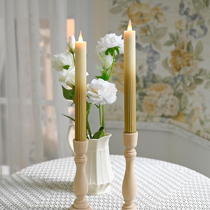 Flameless Taper Candles Flickering with Remote and Timer, 3D Moving Flame Taper Candle Battery Operated to 400 Hours, 9 Inch Window Candles, (Gradient Gold-Vertical Stripes)