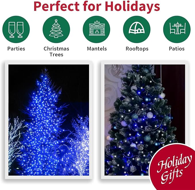 33FT 100 LED Blue White String Lights, 16 Modes Plug In Mini Fairy Lights, Waterproof Outdoor Christmas Lights for Hanukkah, July 4th Patriotic Decor, Xmas Tree Garland Bedroom Ocean Party Decoration