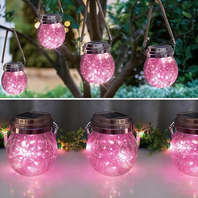 Hanging Outdoor Solar Lights,VGE 2 Pack 30LED Cracked Glass Ball Decorative Lights,Solar Powered Waterproof Landscape Lights with Handle for Tree Yard Garden Patio Fence Holiday Decor(Pingk)
