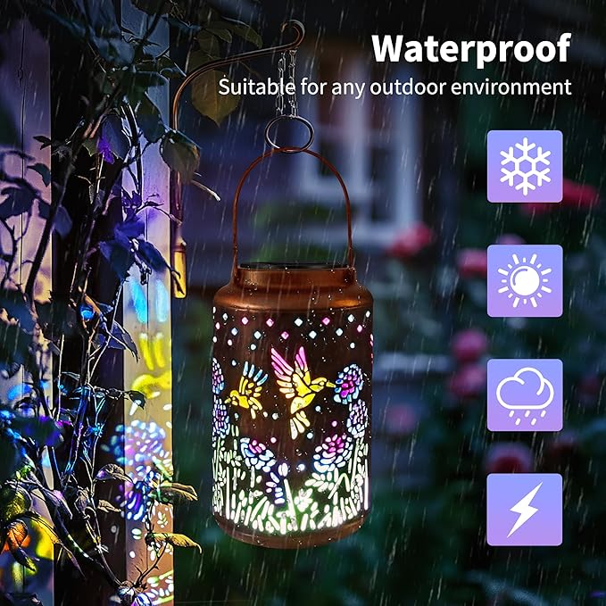 ODEETRONIC Solar Hummingbird Lantern with Colorful Projection - Hummingbird Birthday Gifts for Women Mom Grandma, Multicolor Hanging Lights Outdoor Waterproof, Solar Lantern Lights for Garden Patio