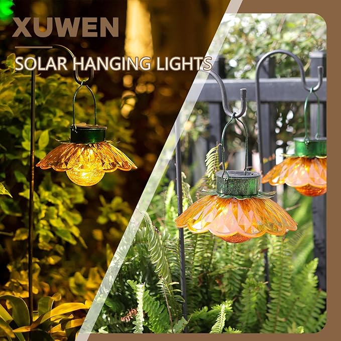 XUWEN Hanging Solar Lantern Outdoor - Yellow Solar Flower Lights with Crackle Globe Glass, Hanging Lanterns Decorative Outdoor for Walkway Pathway Patio Yard, Christmas Housewarming Gifts for Women.