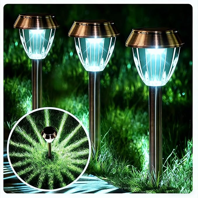 Vintage Solar Lights Outdoor, Glass & Metal Solar Pathway Lights 4 Pack, IP65 Waterproof, Cool White Garden Lights for Walkway, Yard, Patio, Driveway