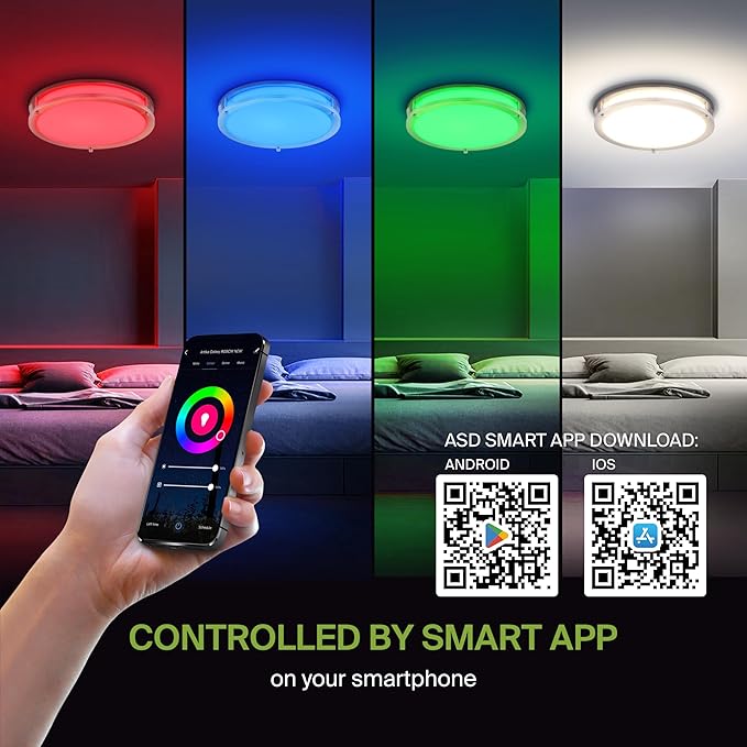 ASD LED 18" Round Flush Mount Lighting, Close to Ceiling Light Fixture | Smart, Multicolor, Dimmable, ETL Listed | 28W 1844LM RGB-2700-6500K 120V | Low Profile Double Ring Lamp | Nickel, 2 Pack