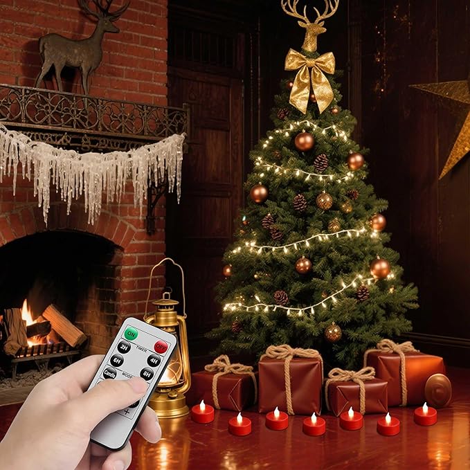 LED Tea Light Flameless Candles with Remote Control Flickering Tealight Long Lasting, Battery Operated with Timer for Halloween Home Decoration Seasonal &Festival Celebration Red (12pcs)