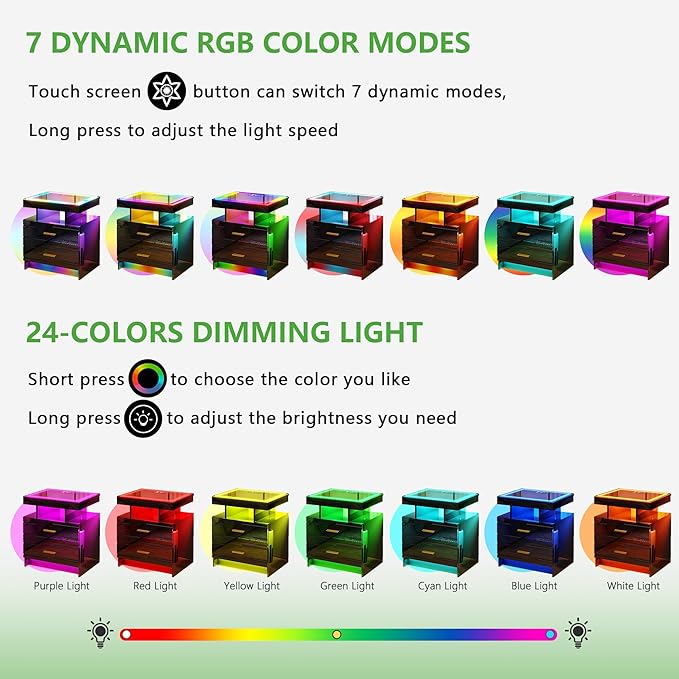 HNEBC RGB Nightstand with Wireless Charging Station, LED Night Stand with Motion Sensor Lights, Smart Bedside Table with Changing Strip Lights with Remote,High Gloss Side Table/Glass Top (Black)