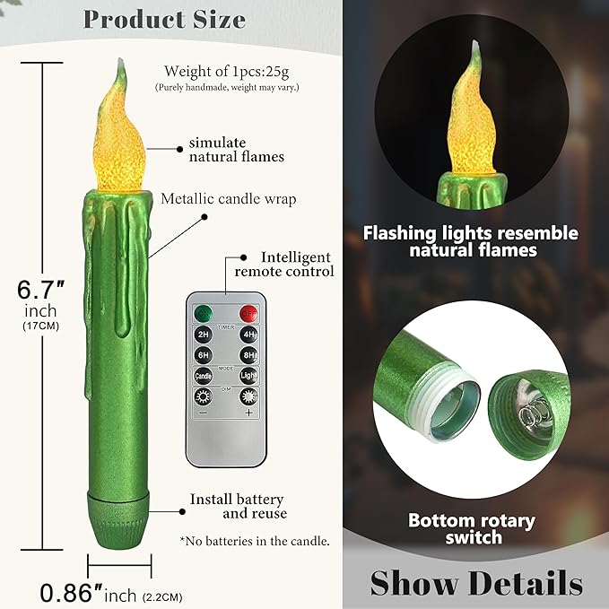 Christmas Metallic Red Green Flameless Short Taper Candles, Hand Dipped LED Battery Operated with Remote, Flickering Flame Lights for Home Décor, 6.7 Inch Primitive Flameless Candles, 4PCS