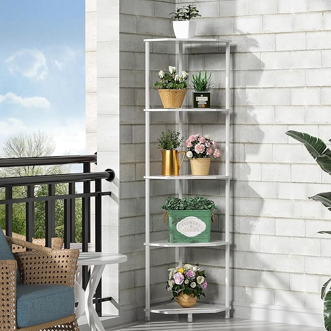 5-Tier Corner Shelf Stand Marble White 50.2" Bathroom and Kitchen Corner Shelves for Small Spaces Organization & Storage Kitchen Decor Accessories