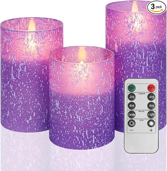 Mingfuxin Purple Flameless Candles with Remote, Set of 3 Indoor Halloween Candles Battery Operated, LED Fake Candles for Bedroom Home Wedding Tabletop Fall Decor