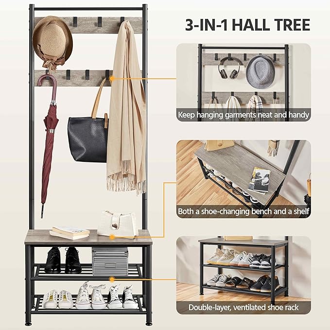 Yaheetech Coat Rack, Hall Tree with Shoe Bench, Entryway Shoe Storage with Coat Rack Stand, 9 Movable Hooks, Industrial Entryway Furniture, Gray