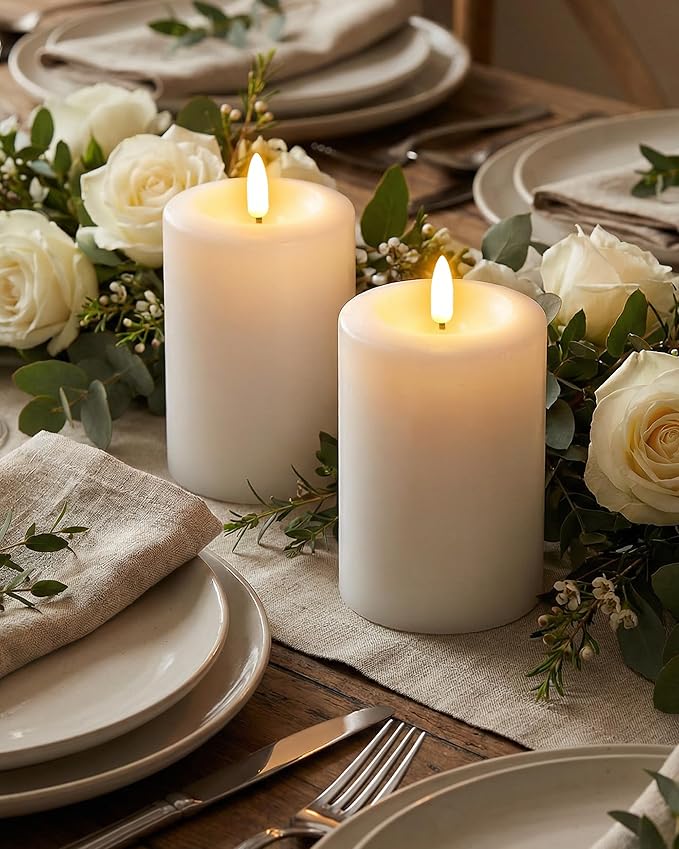 3"x5" Flickering Flameless Candles with Remote Timer, Real Wax, White Pillar Candles, Set of 3 Large LED Battery Operated Candles for Home, Fireplace, Centerpiece, Rustic and Farmhouse Decor