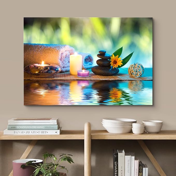 wall26 Canvas Print Wall Art Candles and Towels with Black Zen Stones and Orange Daisy Nature Floral Photography Realism Rustic Colorful Multicolor Ultra for Living Room, Bedroom, Office - 16"x24"
