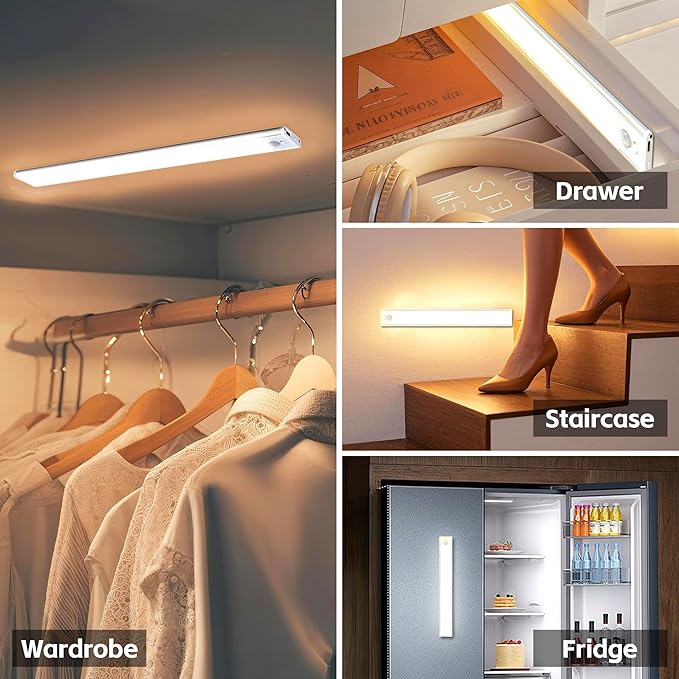 7.9inch Under Cabinet Lighting,1400mAh with Motion Sensor,34LED 3Color Temperature,Closet Lights Motion Sensored, USB-C Charging,Durable And easy-to-install Magnetic Cabinet Light,staircases,-4Pack
