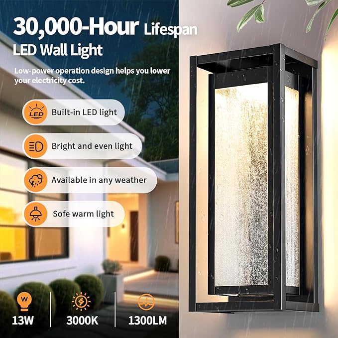 16'' LED Dusk to Dawn Outdoor Light Fixture, 3000K Porch Lights Outdoor Wall Lights with Bubble Glass, Industrial Exterior Lighting Farmhouse Wall Lantern Outside Sconce Lights for House Garage