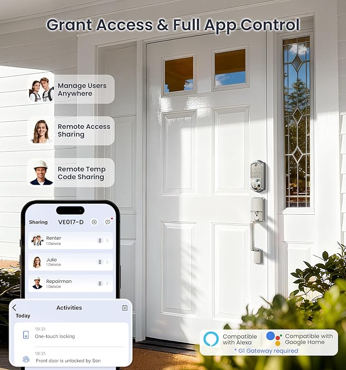 Veise VE017-D Smart Fingerprint Front Door Lock Set, App Control, 8-in-1 Keyless Entry Deadbolt with Lever Handle, Touchscreen Keypad, IP55 Weatherproof, Auto Lock, Easy Install, Satin Nickel
