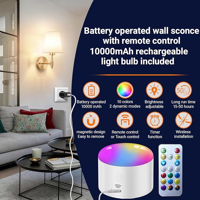 Battery Operated Wall Sconces Set of Two, Indoor Wireless Wall Mounted Lamp with 10000mAh Dimmable Bulb and Remote, RGB Colors Rechargeable Wall Light for Bedroom Living Room Decor