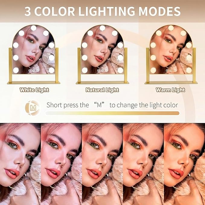 Arched Makeup Vanity Mirror with Lights 14.17"x 11.81" LED Makeup Mirror Detachable 10X Magnification, Hollywood Make Up Mirror with Lighting, Smart Touch, Rechargeable,360° Rotation, (Gold)