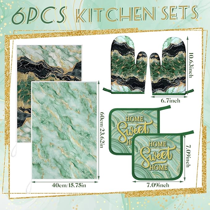 Bencailor 6 Pcs Marble Kitchen Decor Gold Pot Holders Oven Mitts 2 Dish Towels 2 Farmhouse Cooking Mittens Oven Glove and Potholder for Baking Cooking Grilling Supply Accessories(Green)