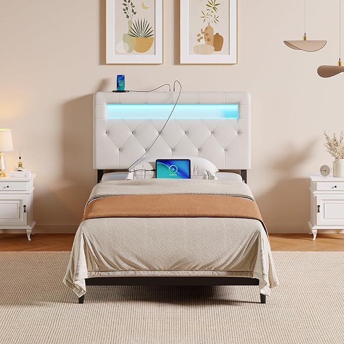 GREENSTELL Headboard for Twin Size Bed with 60,000 DIY Color of LED Light, USB & Type C Post, Upholstered, Height Adjustable, Sturdy, Easy Assembly, Wall Mounted Head Boards Only, White