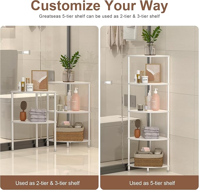 5 Tier Corner Shelf Stand, 44.1" Kitchen Shelf Organizer with Metal Frame, Small Corner Shelf for Bathroom Organization & Storage, Marble White Corner Shelf for Kitchen Decor Accessories